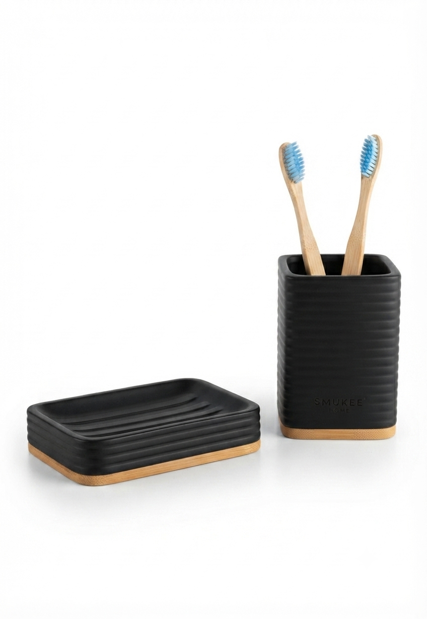 Set Accessori Bagno Smukee – Portaspazzolini e Porta Sapone in Ceramica e Legno