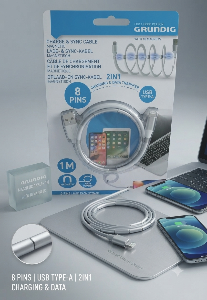 Cavo Magnetico Grundig 2-in-1 (1 Metro) – Ricarica Rapida e Trasferimento Dati Anti-Groviglio
