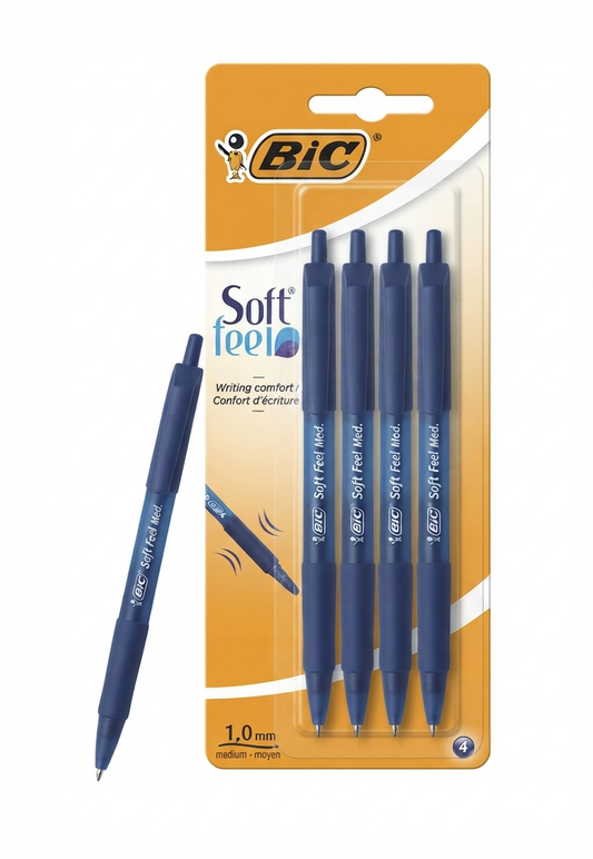 Set di Penne BIC Soft Feel – Punta Media 1.0 mm – Comfort di Scrittura Superiore – Confezione da 4 Pezzi