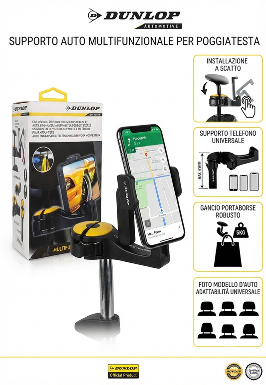 Supporto Auto Multifunzionale per Poggiatesta Dunlop – Porta Telefono e Gancio Borse 2 in 1