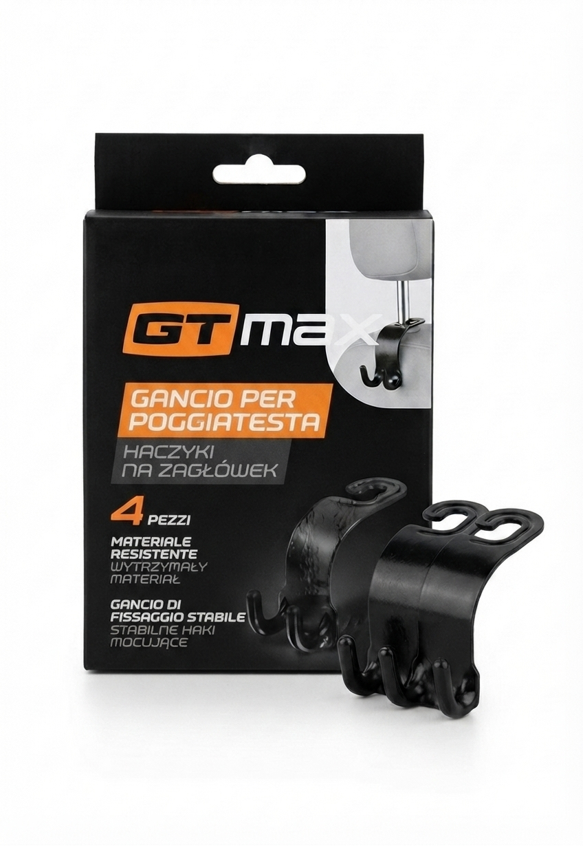 4 Ganci Universali per Poggiatesta Auto GT Max – Organizzatore per Interni Auto – Resistenti e Stabili