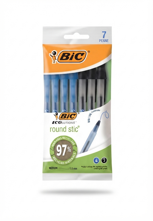 Set di 7 Penne Bic Round Stic Ecolutions – 4 Blu e 3 Nere – Scrittura Scorrevole e Sostenibile