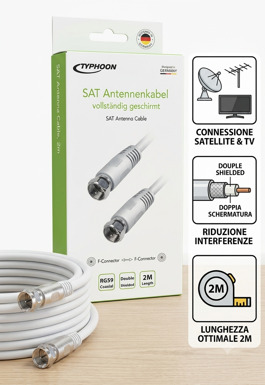 Cavo Antenna SAT Typhoon – Coassiale RG59 Doppia Schermatura, 2 Metri