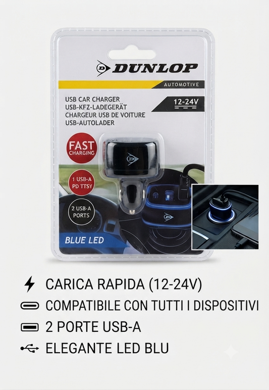 Caricabatterie Auto Dunlop | USB-A e PD Fast Charging | 12-24V con LED Blu
