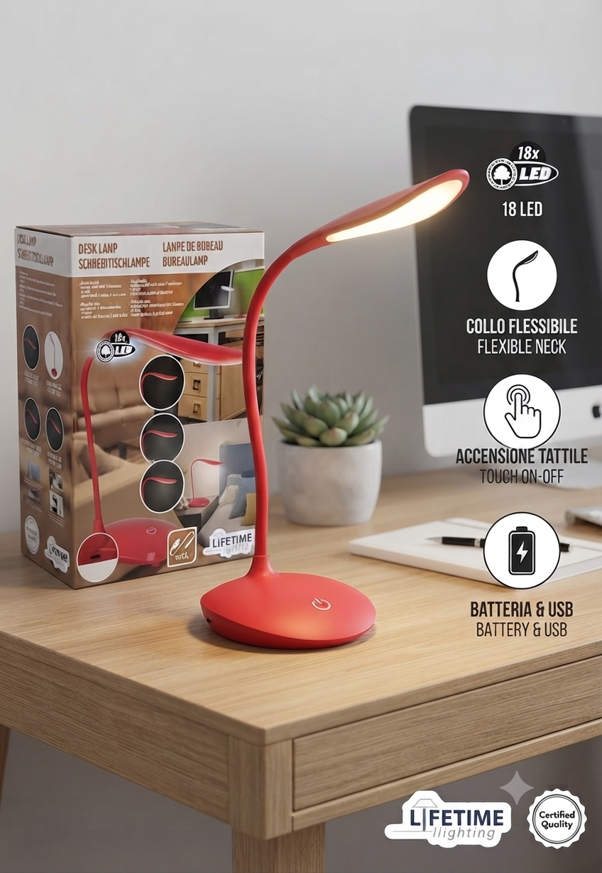 Lampada da Scrivania a LED con Collo Flessibile – 3 Livelli di Intensità, Ricaricabile via USB