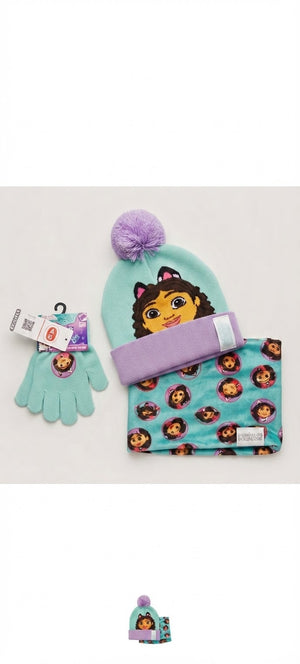 3 Pezzi Gabby's Dollhouse: Berretto con Pon-Pon, Scaldacollo e Guanti per Bambina