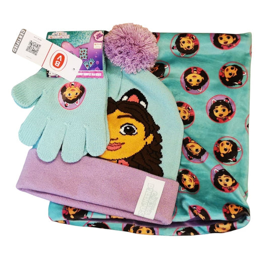 3 Pezzi Gabby's Dollhouse: Berretto con Pon-Pon, Scaldacollo e Guanti per Bambina