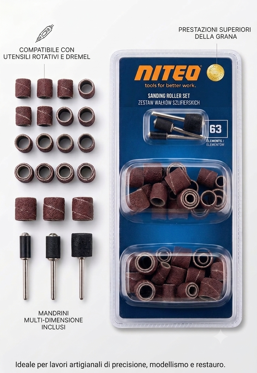 Set di Rulli Abrasivi per Mini Smerigliatrice NITEO (63 Pezzi) - Cilindri di Carteggiatura