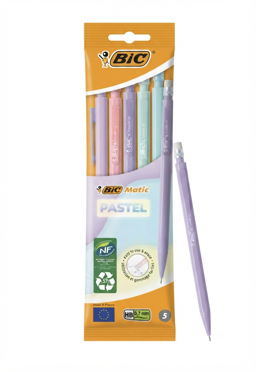 5 Portamine BIC Matic Pastel – Punta 0.7 mm HB – Colori Pastello – Scrittura Precisa e Cancellabile