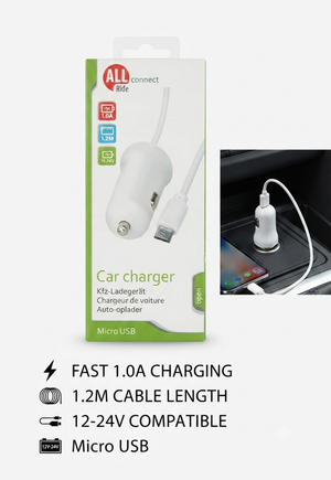 Caricabatterie Auto All Ride – Micro USB – 1.0A – Cavo 1.2M – 12/24V